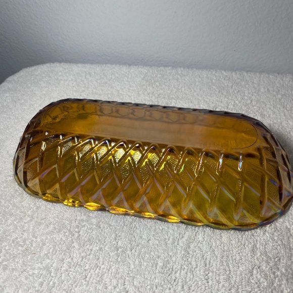 Vintage Indiana Glass Amber Carnival Celery Bread Dish Bowl Basket Weave - Picture 7 of 8